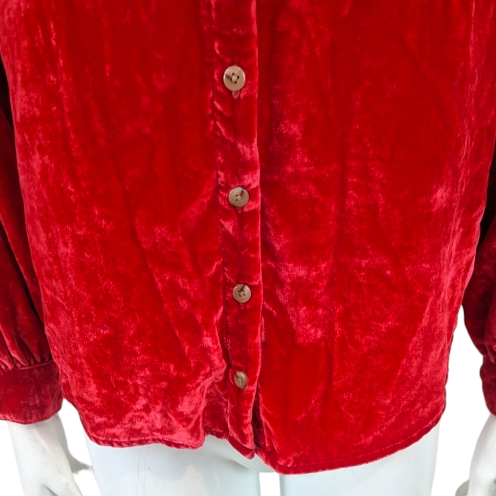 Anthropologie Pilcro Velvet Button Down Puffy Sleeve Shirt Blouse Womens XS Red - Picture 6 of 14